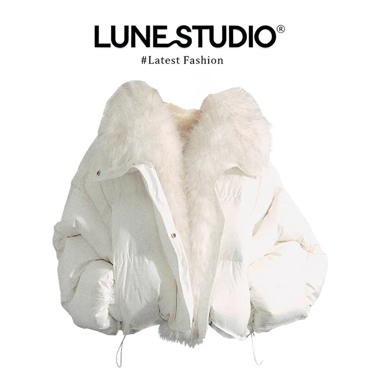 parkyeon韩式小众不撞款时尚风拼接奶白色毛领短款棉服外套女