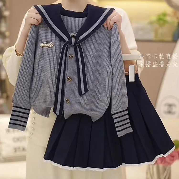 韩系甜美减龄披肩海军针织开衫新款套装独特短款毛衣外套百褶裙