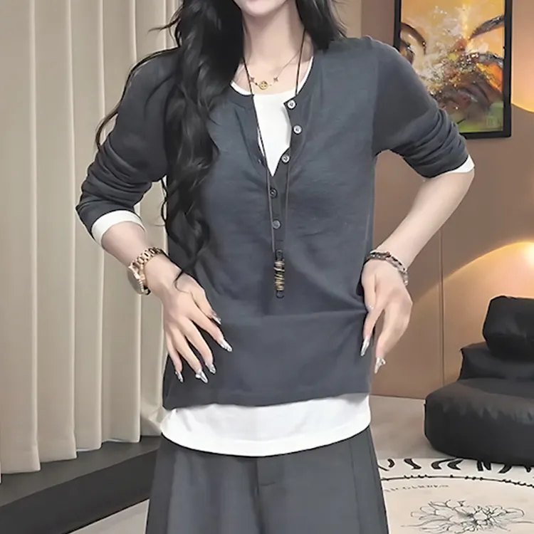 修身显瘦打底衫上衣秋季新款胖MM大码女装时尚百搭假两件长袖T恤