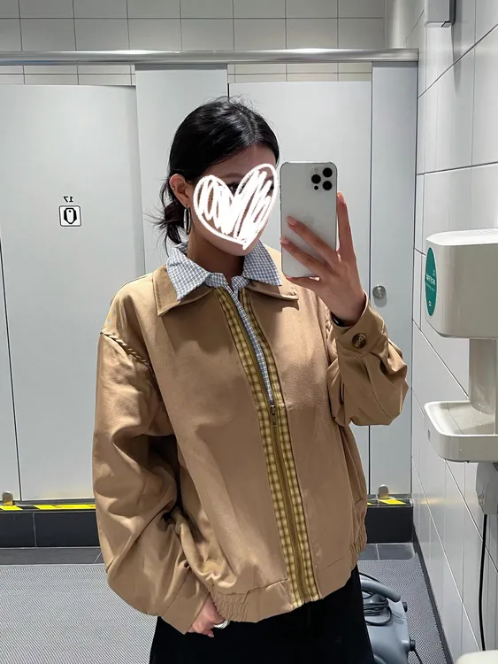 美式复古拼接格子假两件工装外套女秋冬季宽松休闲小众夹克上衣