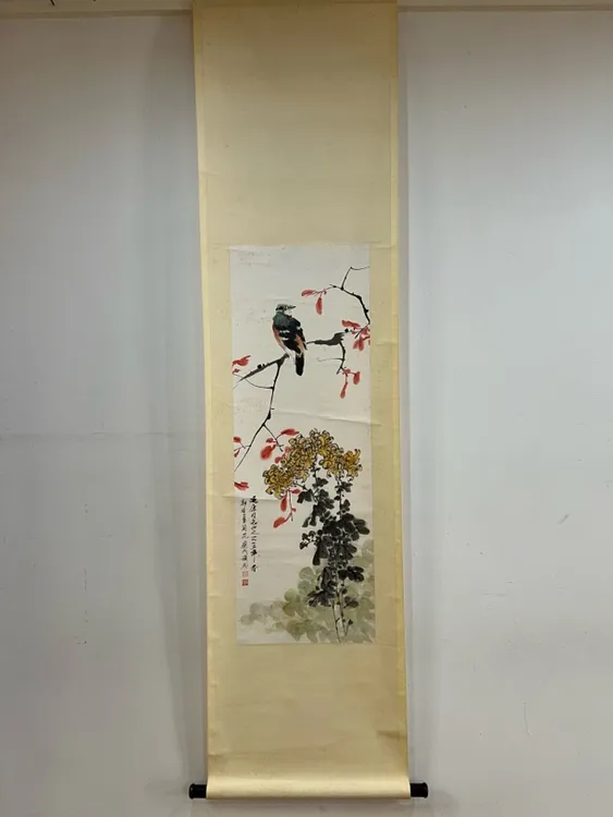 郭鹰、邱绶成合作花鸟立轴 尺寸97/34