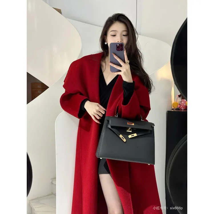 红色翻领双面羊绒呢大衣女2025冬季新款斗篷披肩中长款羊毛呢外套