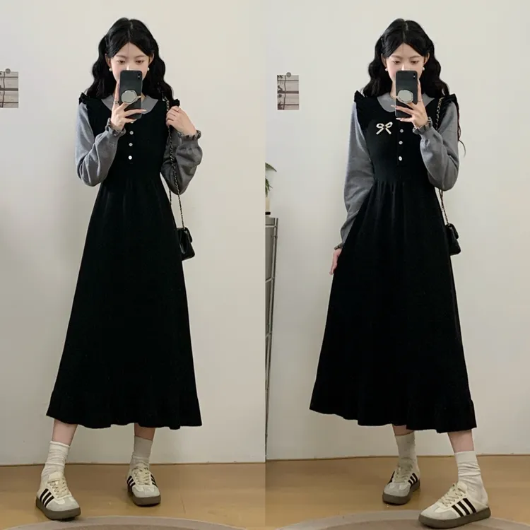 2025秋冬新款黑色POLO领假两件拼接长袖针织毛织A字套头女士大码