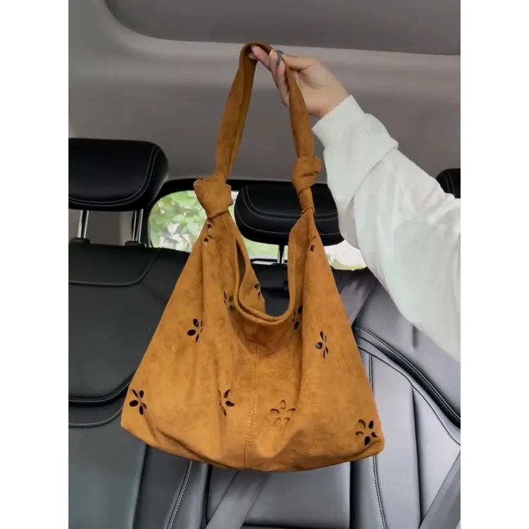 韩系慵懒风麂皮绒镂空腋下包包女式2025新款复古大容量单肩托特包