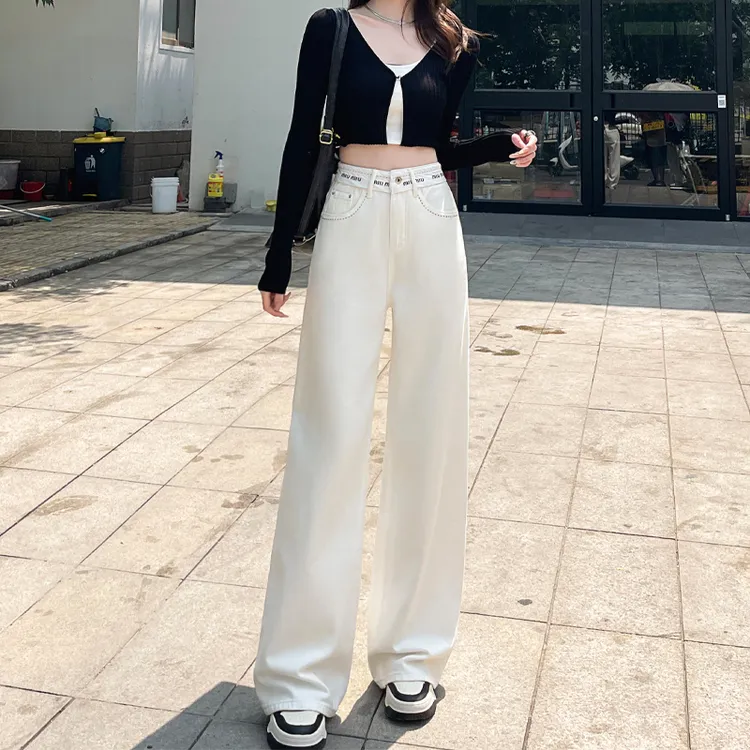 字母高腰窄版直筒白色牛仔长裤女秋新款垂感拖地裤宽松显瘦阔腿裤