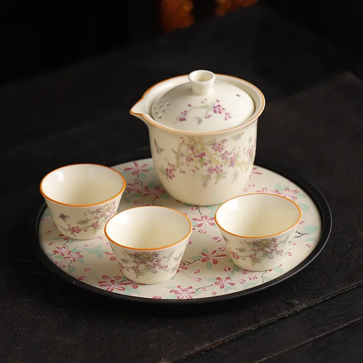 奶黄定窑紫藤花旅行茶具套装便携式女士手抓泡茶壶茶杯收纳包茶盘