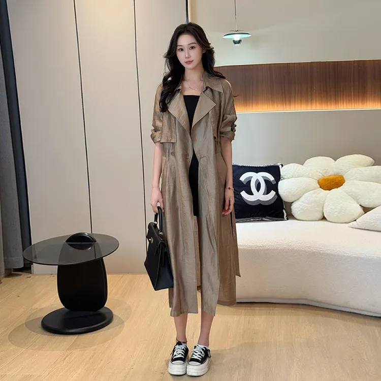 VOCKOO官方中长版轻薄款风衣外套女2025夏季双排扣天丝亚麻防晒衫