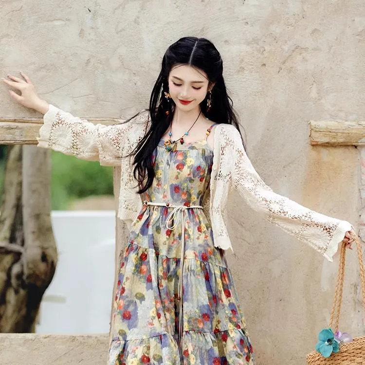油画百搭轻奢优雅精致慵懒风春夏款吊带连衣裙女民族风度假套装裙