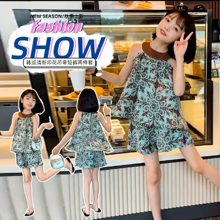 女童韩版穿搭夏季少女风薄款时尚浅蓝色挂勃无袖套装儿童碎花常规