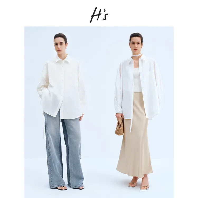 HS高密全棉衬衫女25春高级设计感立裁H廓形飘带衬衣