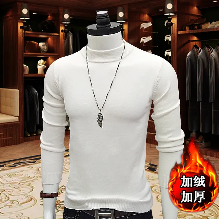 秋冬季针织毛衣加绒加厚款男士半高领打底衫修身保暖百搭套头长袖