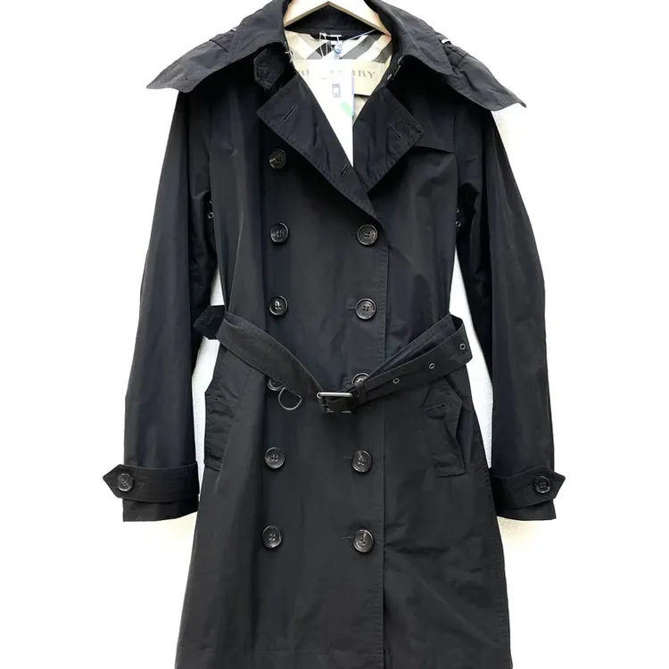 99新 BURBERRY/博柏利 经典黑色双排扣可拆帽子风衣uk10码2202