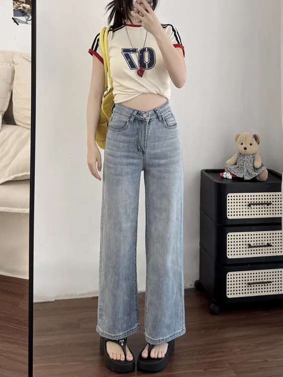 浅蓝色高腰直筒牛仔女夏天薄款新款韩系显瘦小个子网红牛仔裤