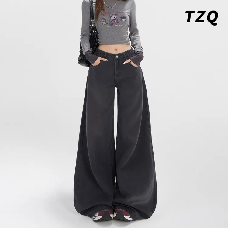 灰色阔腿牛仔裤女爆款2025秋季松弛慵懒感高腰宽松垂感拖地牛仔裤