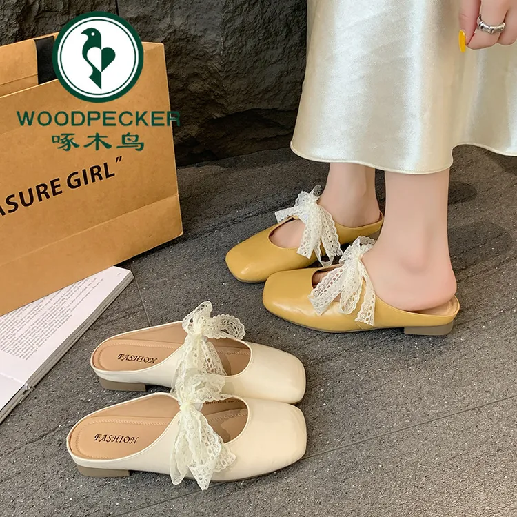 啄木鸟法式包头拖复古粗跟平底晚晚风浅口半拖鞋蕾丝绑带方头单鞋