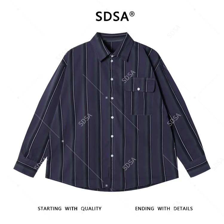 SDSA男士秋冬新款痞帅男装韩版经典条纹撞色翻领长袖衬衫百搭时尚
