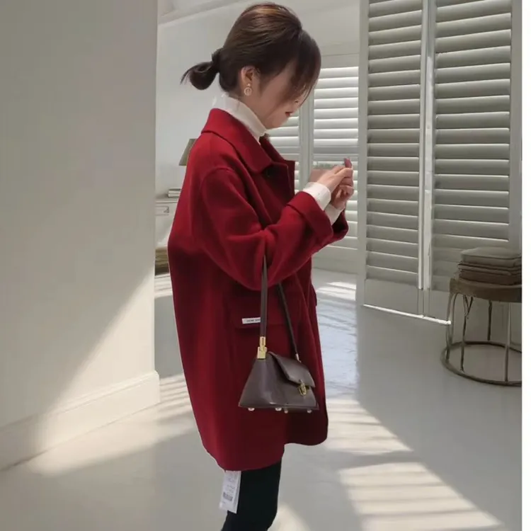 秋冬直下摆中长款双面毛呢外套2025年新款女韩版毛呢时尚呢大衣