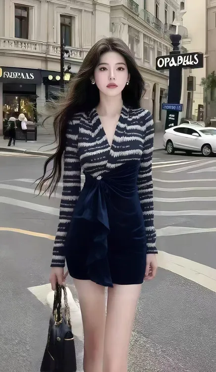 秋季新款时尚气质轻熟知性风撞色条纹修身长袖V领收腰包臀连衣裙