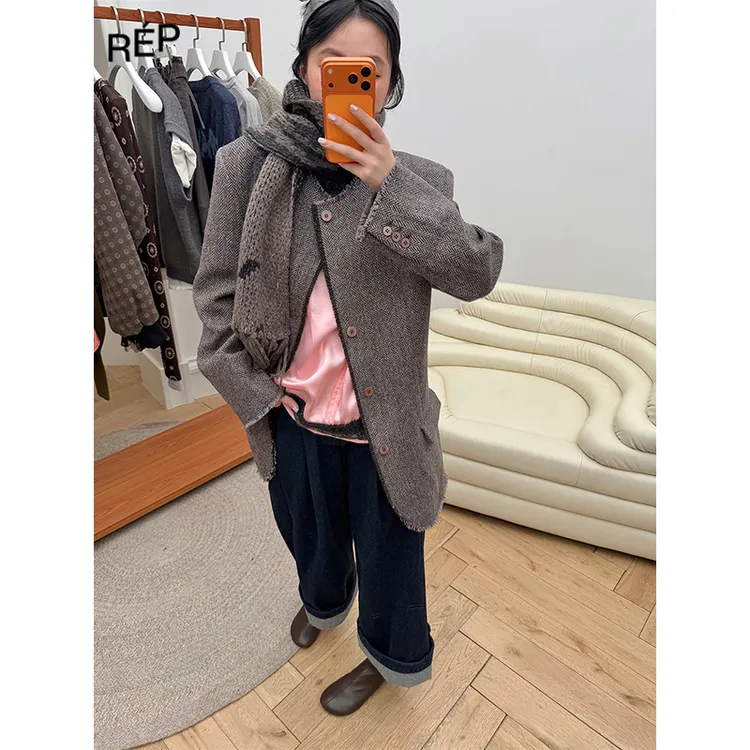 REP-MAGLIANO设计师品牌棕色粗花呢圆领外套 25FW女装秋冬新品