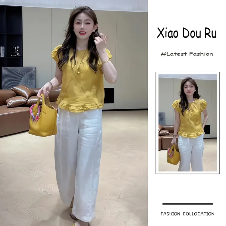 夏季流行穿搭一整套女新款2025韩系温柔风荷叶边上衣阔腿裤两件套