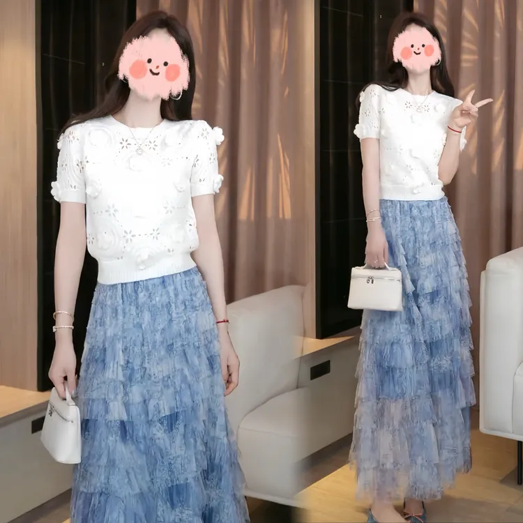 早春新款夏日绝美穿搭百搭女高级感时尚镂空上衣碎花半身裙小清新