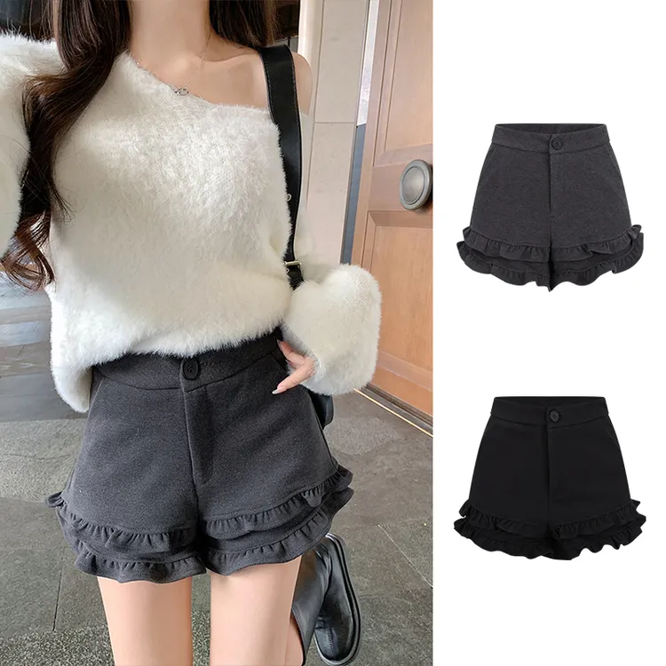 Moses Queen/魔西女王双层木耳花边短裤秋冬设计感小众毛呢花苞裤