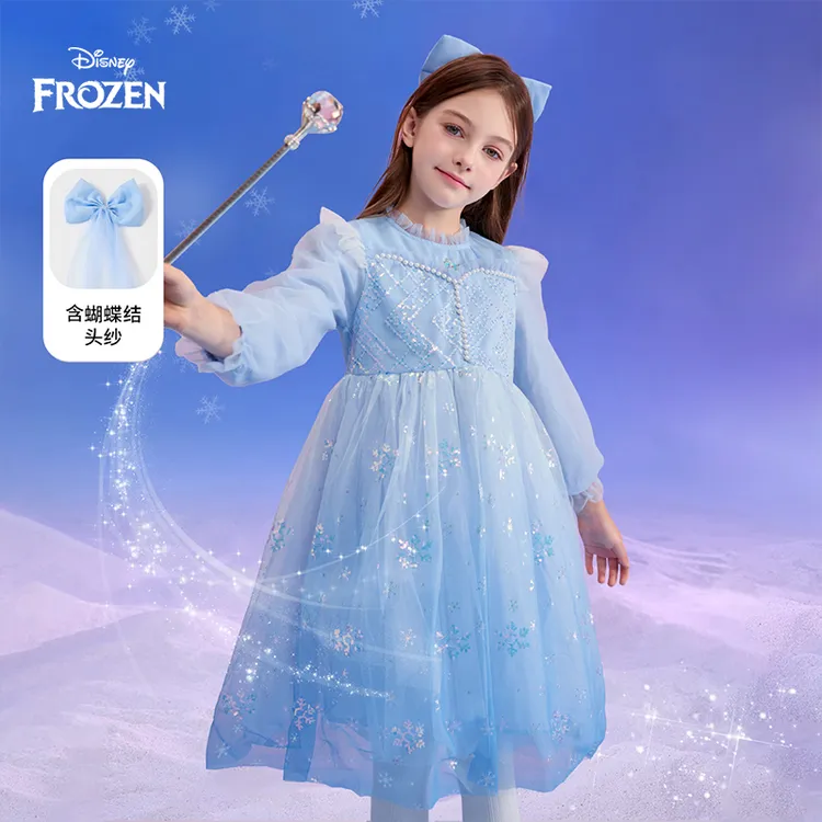 Disney/迪士尼艾莎女童连衣裙秋冬网纱满印花长袖花边领礼服女童