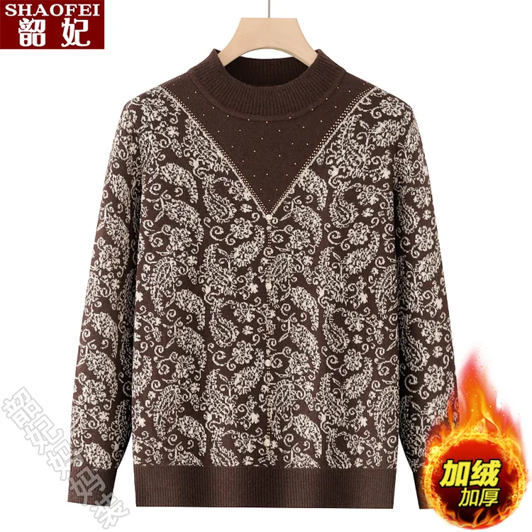 中老年妈妈冬装假两件加绒加厚毛衣洋气一体绒保暖上衣内搭打底衫