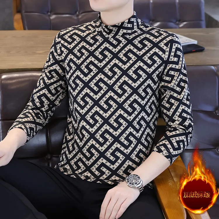 半高领打底衫长袖上衣男士秋冬韩版修身内搭双面德绒T恤衫