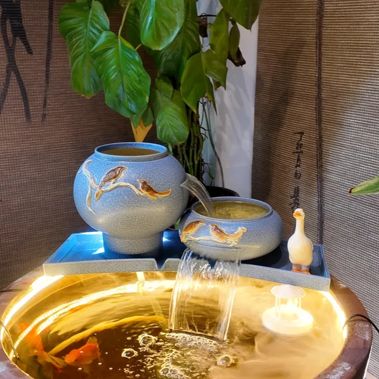 楚汉听香双喜临门古法养鱼瀑布流水造景过滤增氧陶瓷养鱼组合一体