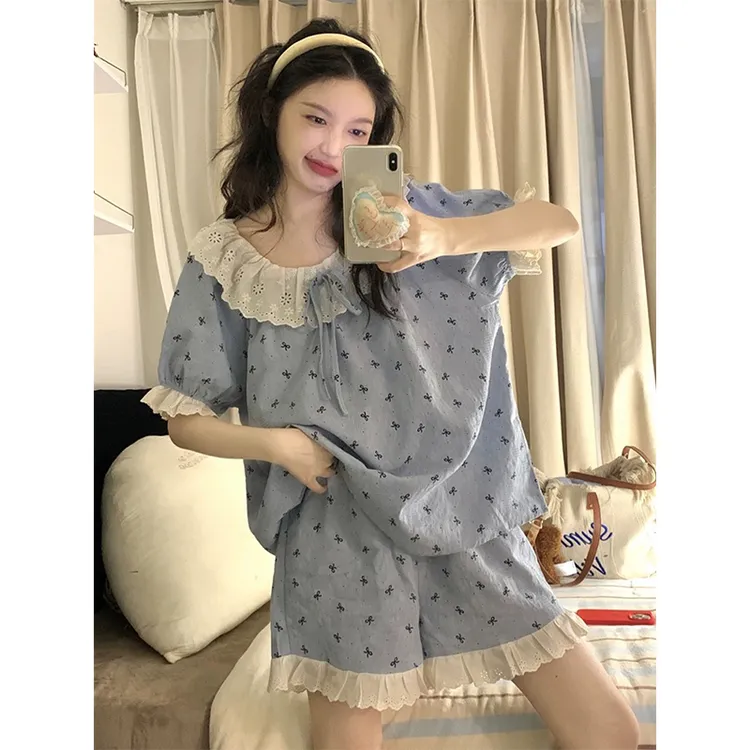 甜美花边网红睡衣女夏季新款短袖宽松可外穿高级感家居服三件套装