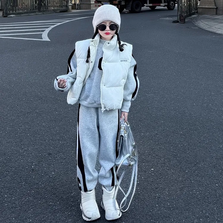 女童冬季洋气时髦套装2024加棉保暖马甲外套休闲加绒卫衣运动裤子