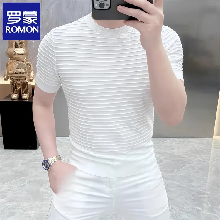 罗蒙夏季新款2025潮牌时尚修身帅气简约冰丝短袖T恤针织衫宽松潮t