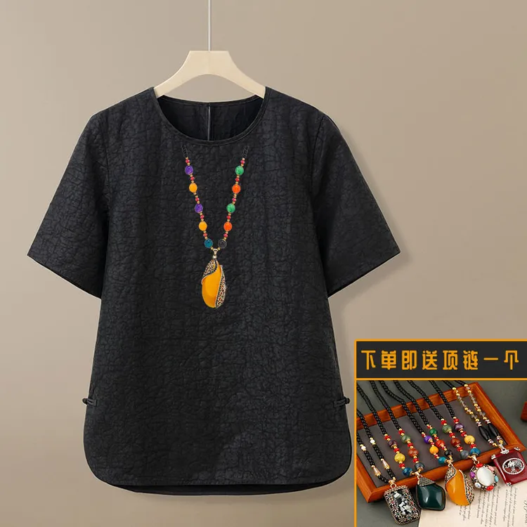 香云纱100%桑蚕丝龟裂纹老料女士衬衫短袖圆领上衣中老年女装小衫