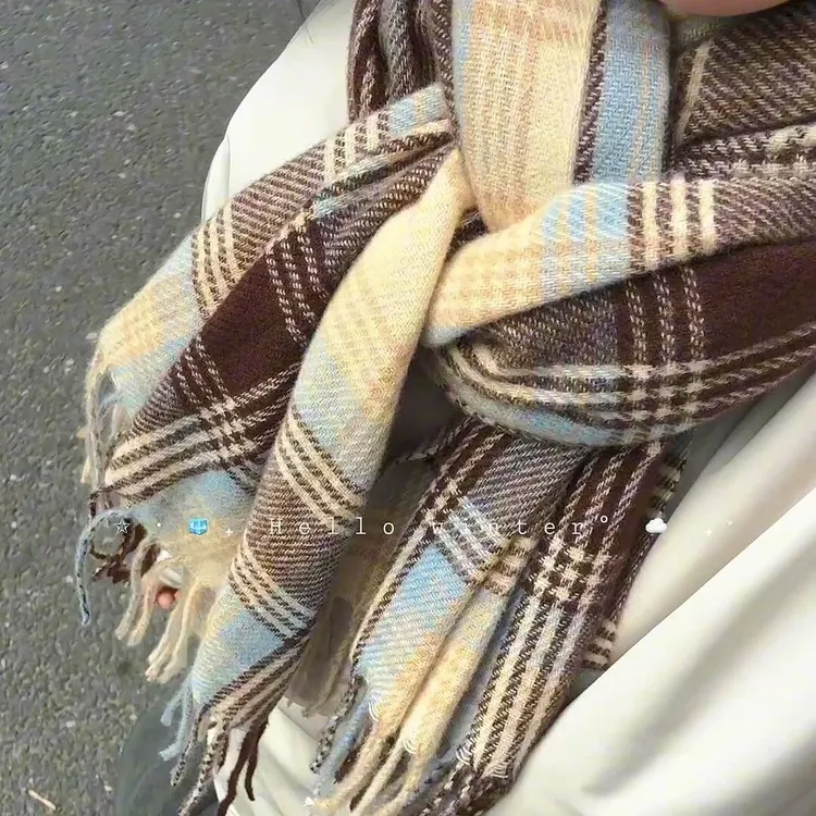 “黄油小熊’围巾女初秋冬季韩系氛围感格子围巾不扎脖JK学院风