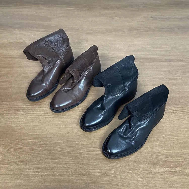 栖屿森~复古骑士风真皮中筒靴女秋冬季粗跟切尔西靴百搭显瘦靴女