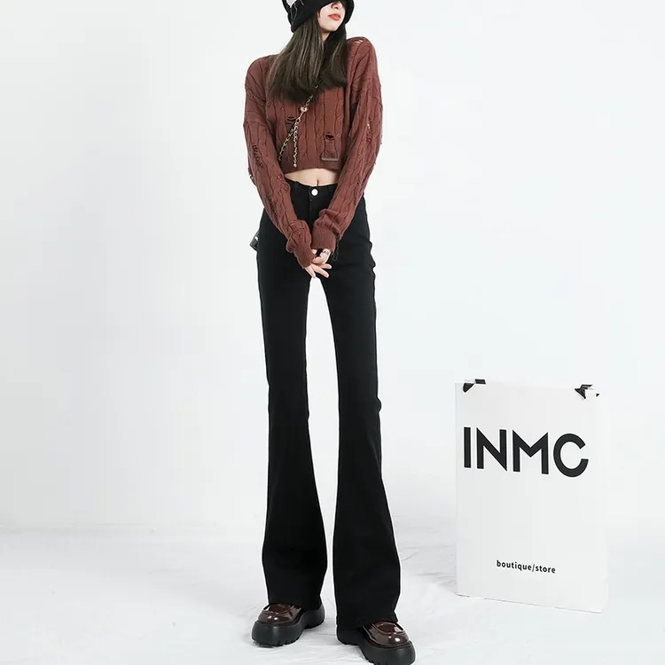 艾格2025早春季新款马蹄裤显瘦女裤高腰弹力黑色修身微喇牛仔裤女