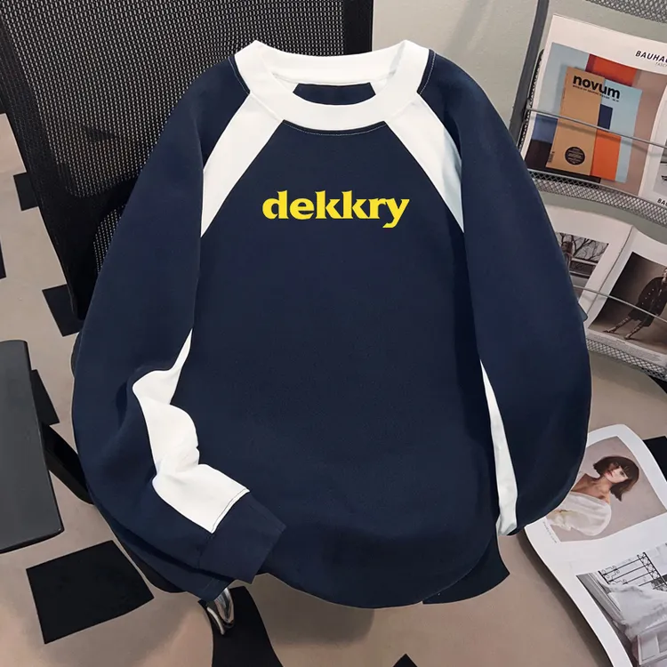Dekkry潮流简约字母印花秋冬拼接流行爆款长袖t恤男女款纯棉上衣