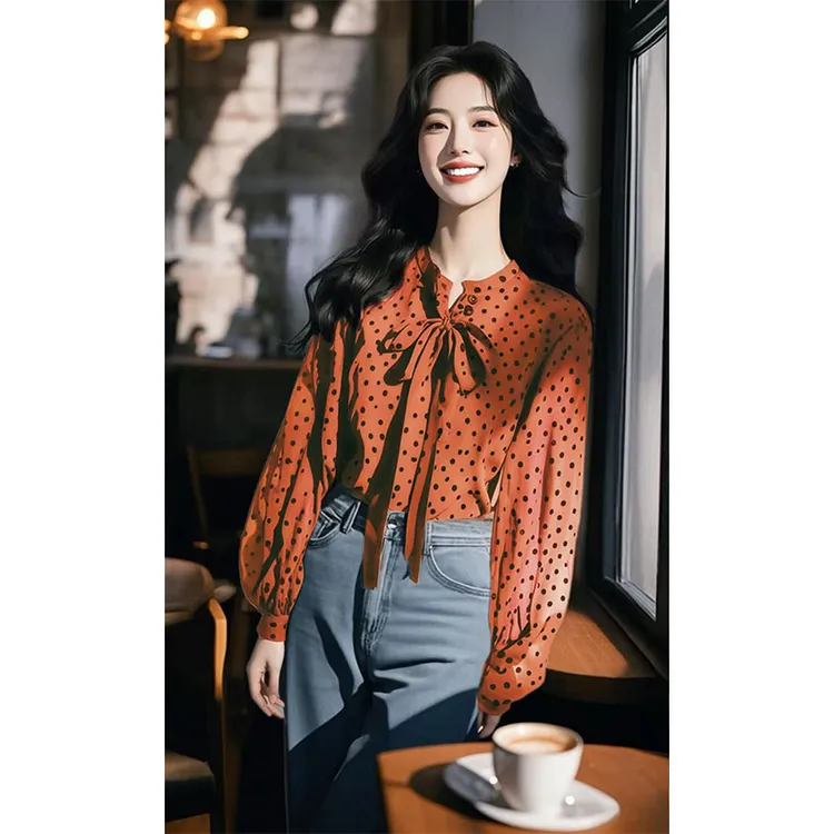 2025新款漂亮小衫法式高级感轻奢红色系带波点雪纺长袖衬衫女春季