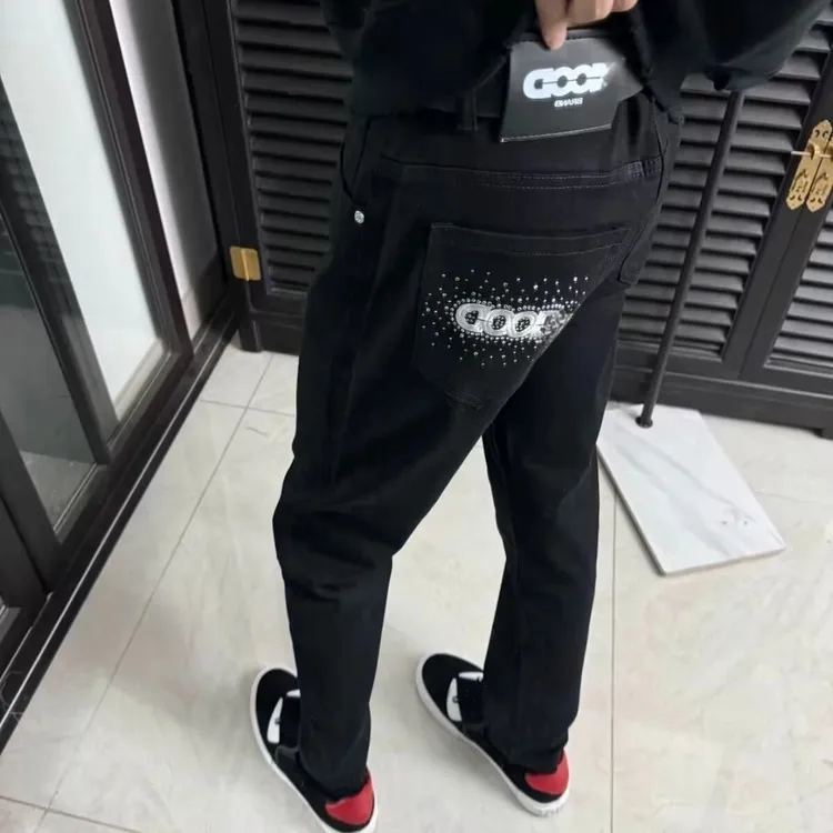 春秋GOOD刺绣字母烫钻潮牌直筒牛仔裤男士潮流痞帅弹力修身长裤男