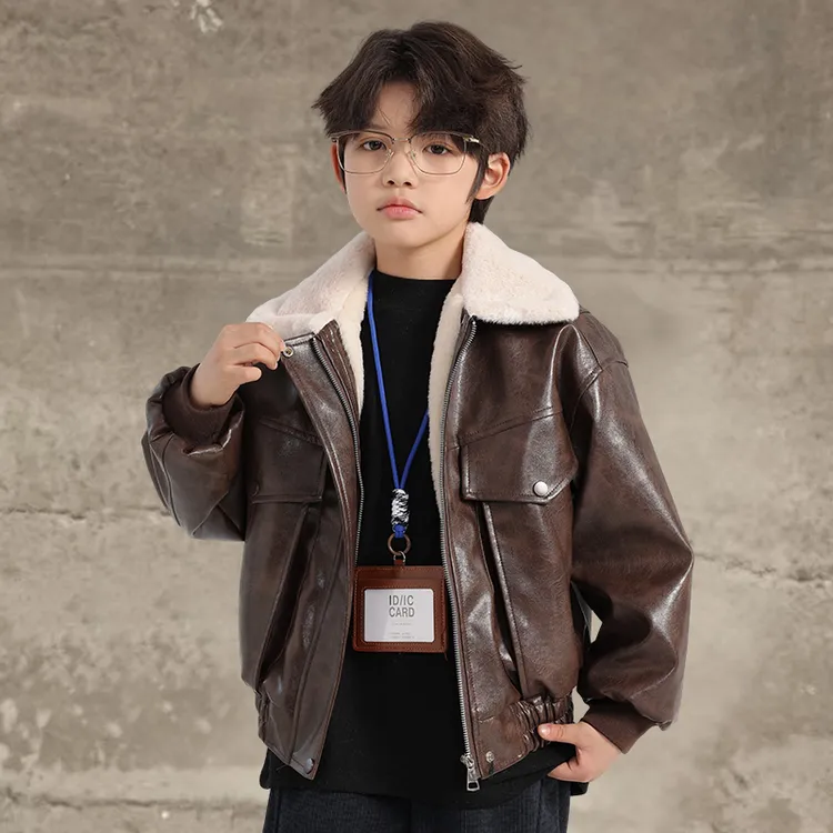 男童冬季加绒毛领皮衣外套2025新款时髦