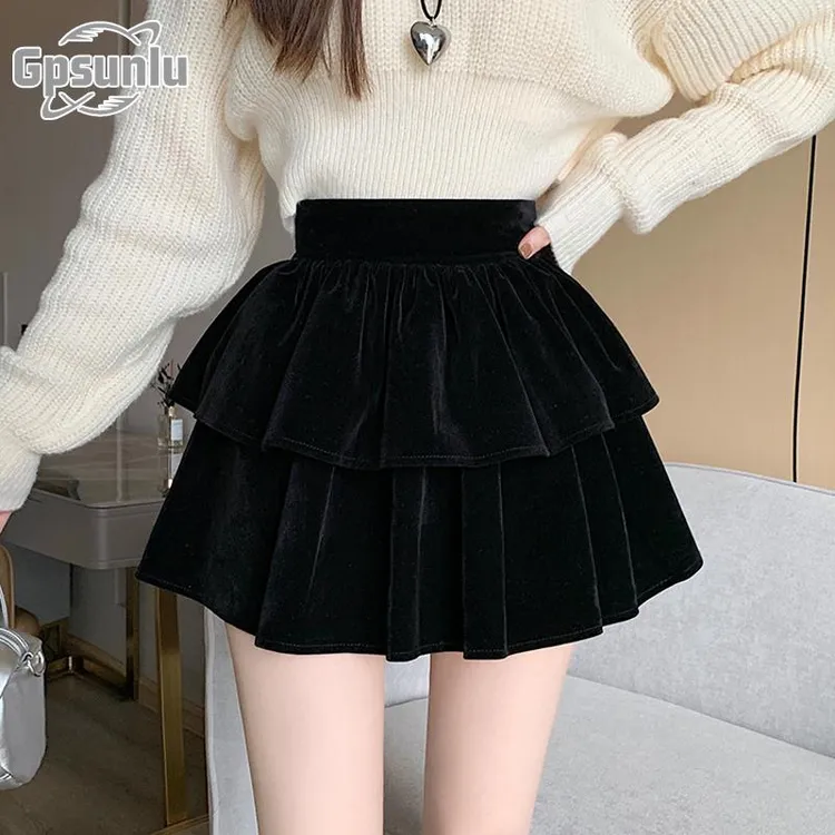 gpsunlu黑色蛋糕半身裙女秋冬季新款高腰显瘦小个子百搭蓬蓬短裙