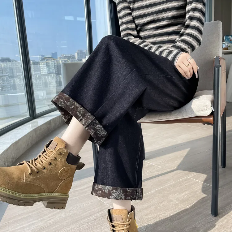 卷边牛仔裤女秋冬加绒新款小个子裤子女显瘦宽松高腰哈伦老爹裤潮