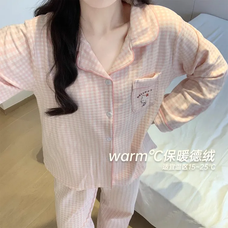 德绒睡衣女春秋款薄绒日系可爱格子长袖长裤秋冬季2025新款家居服