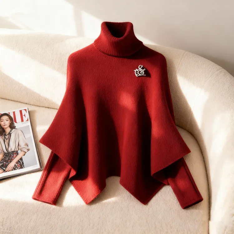 2025年冬针织衫上衣慵懒高级感超好看跨年圣诞红色假两件斗篷毛衣