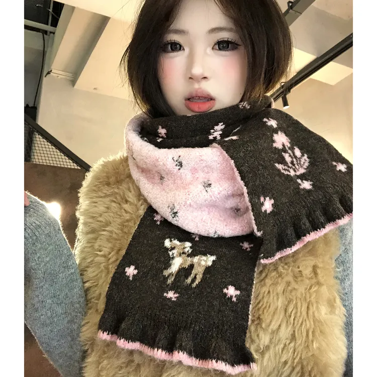 双面小鹿针织围巾女生冬高级感韩系氛围感加厚保暖毛线护颈小围脖