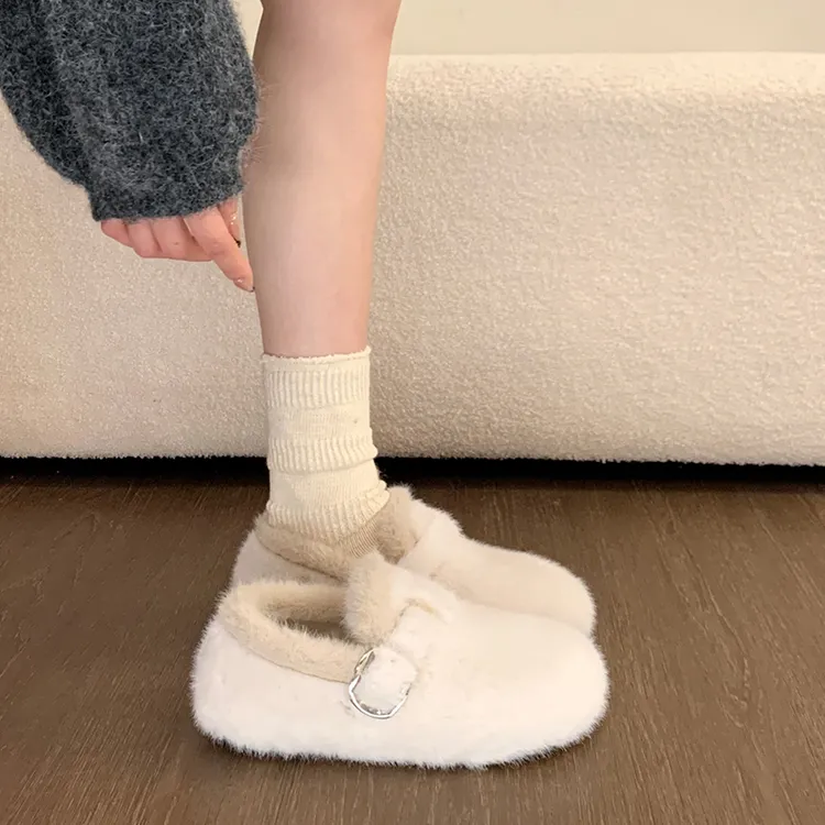 白色法式勃肯毛毛鞋女外穿加绒2025新款秋冬平底毛绒单鞋豆豆棉鞋