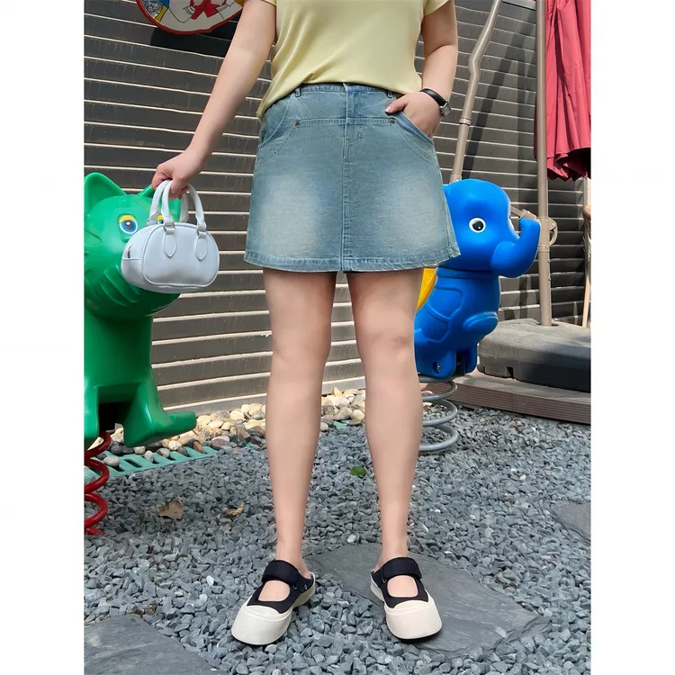 奶糖女孩 / 做旧风牛仔裙裤14270花契大码胖mm200斤休闲时尚百搭