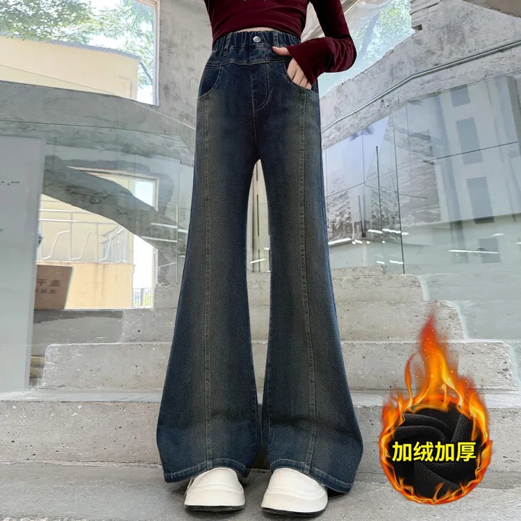 童装秋冬女童牛仔裤喇叭裤加绒加厚一体绒弹力6-12岁大童休闲百搭