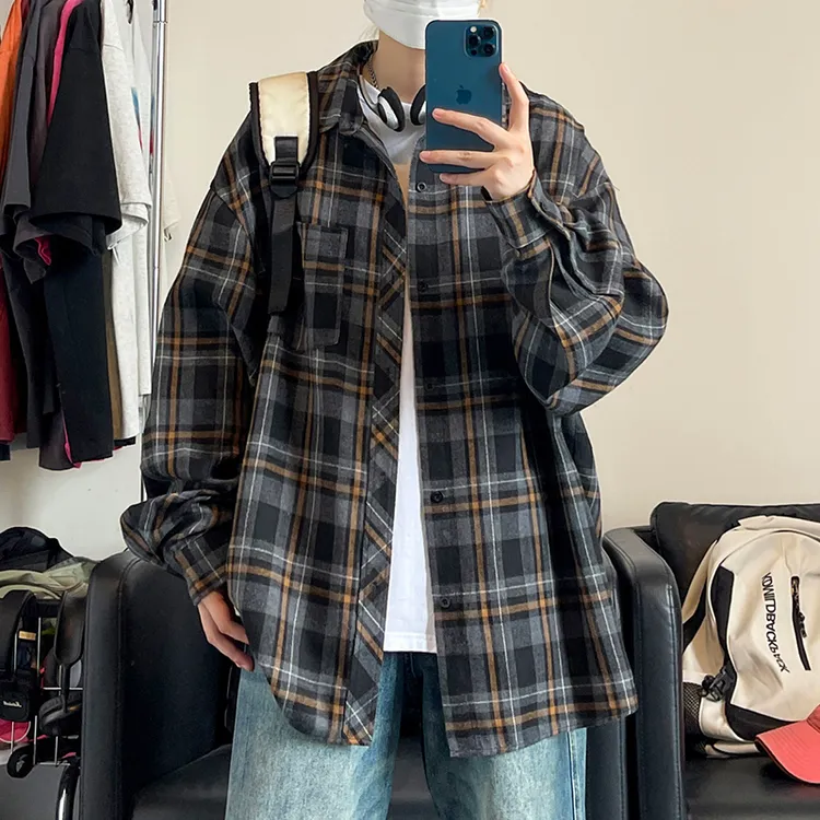 cityboy美式复古撞色格子衬衫男秋季潮牌高级感百搭休闲上衣外套